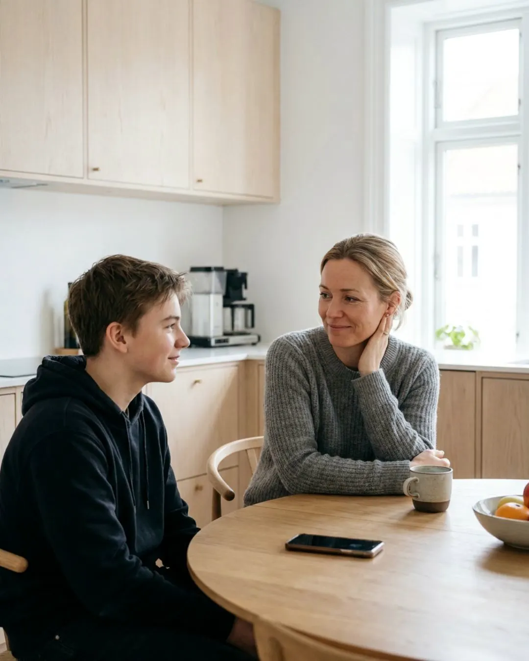 Mamma och tonårsson pratar lugnt vid köksbordet